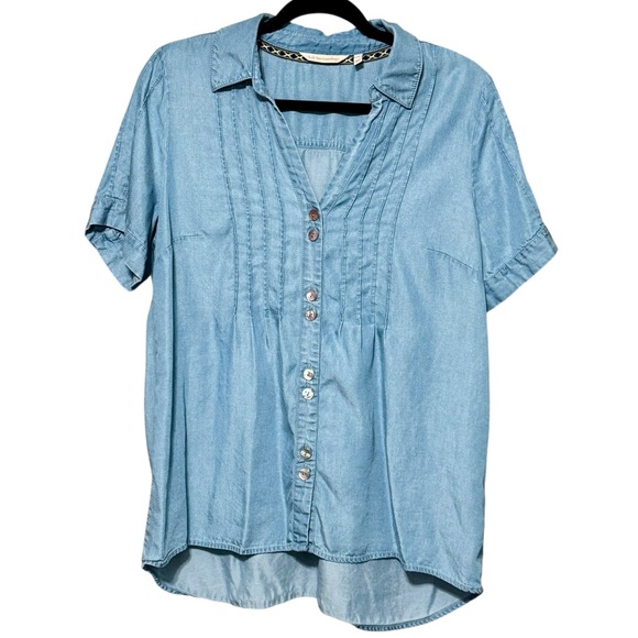 Soft Surroundings Eventide Tencel Chambray Pleated Button Front Blue Blouse - Picture 2 of 11